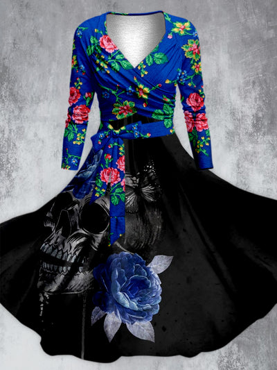Floral Design Skull Print V-Neck Long Sleeve Midi Dress