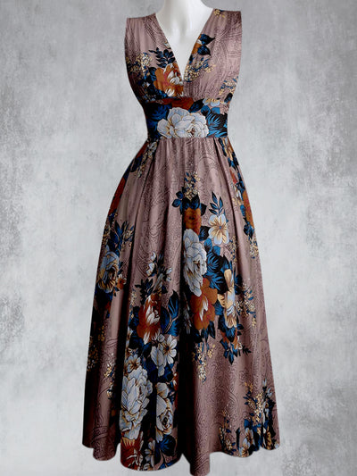 Vintage Floral Design Printed V-Neck 50's Elegant Chic Sleeveless Maxi Dress