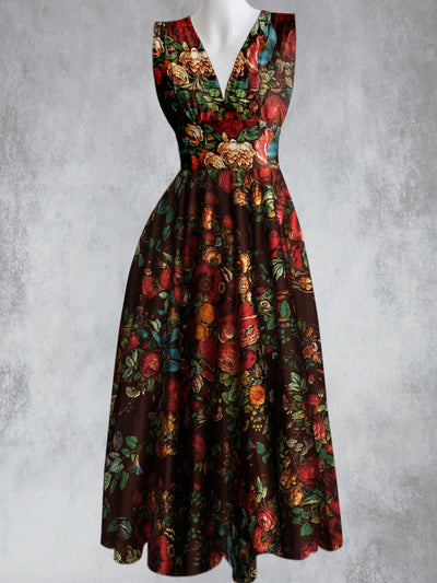 Vintage Floral Print V-Neck 50's Elegant Chic Sleeveless Maxi Dress