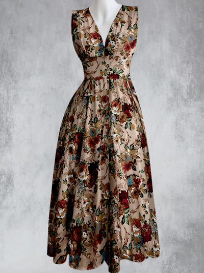 Vintage Floral Design Printed V-Neck 50's Elegant Chic Sleeveless Maxi Dress