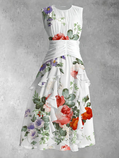 Vintage Lace Floral Art Print Round Neck Sleeveless Maxi Dress