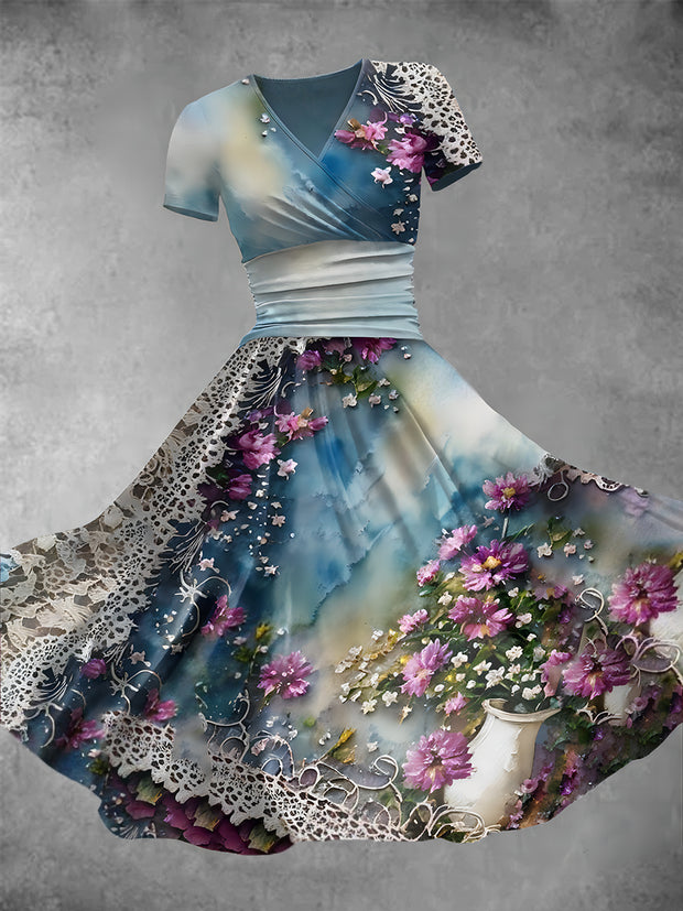 Women's Vintage Lace Floral Art Print V Neck Maxi Dress