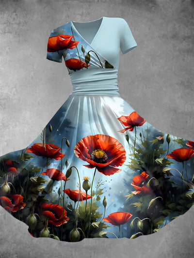 Women's Vintage Poppy Art Print V Neck Maxi Dress
