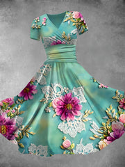Vintage Lace Floral Art Print V Neck Short Sleeve Maxi Dress