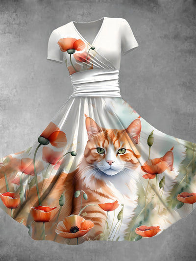 Women's Vintage Poppy and Cat Art Print V-Neck Maxi Dress