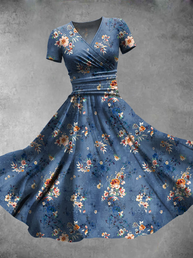 Retro Blue Floral Print V-Neck Short Sleeve Midi Dress