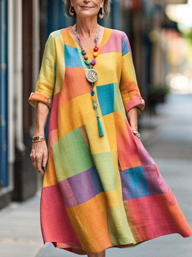 Colorful Block Art Printed V-Neck 50s Vintage Fashion Short Sleeve Midi Dress