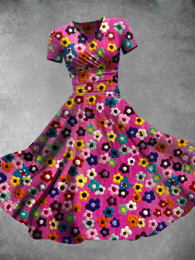 Colorful Floral Print V-Neck Short Sleeve Midi Dress