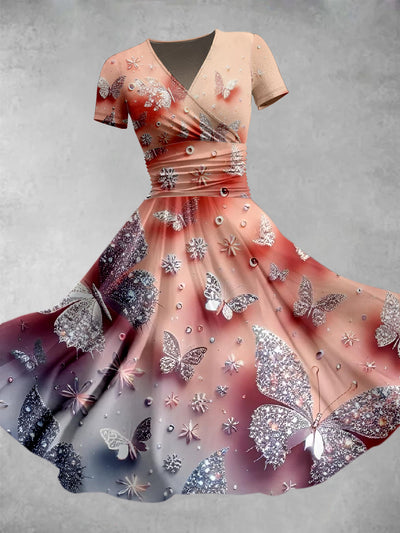 Crystal Butterfly Print V-Neck Short Sleeve Midi Dress