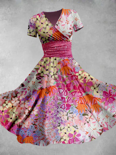 Colorful Floral Oil Painting Print V-Neck Short Sleeve Midi Dress