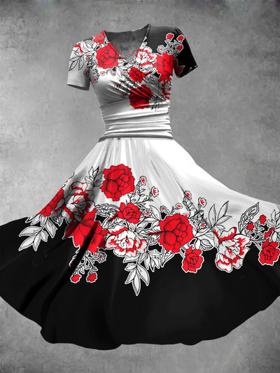 Retro Floral Print Short Sleeve V Neck Midi Dress
