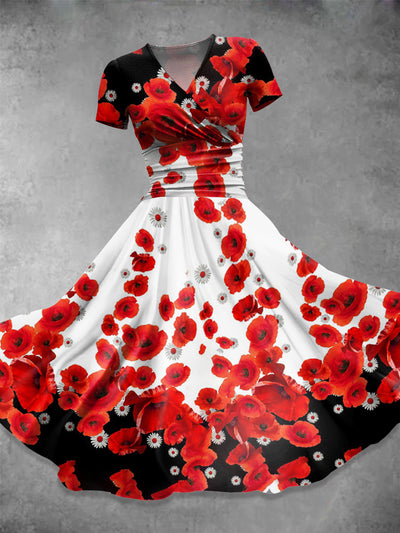 Elegant Red Floral Print V-Neck Short Sleeve Midi Dress
