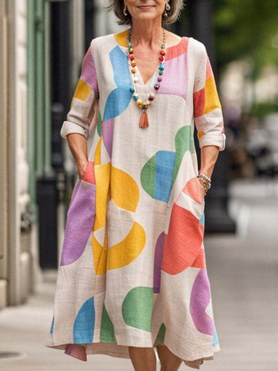 Colored Polka Dot Art Printed V-Neck 50s Vintage Fashion Short Sleeve Midi Dress