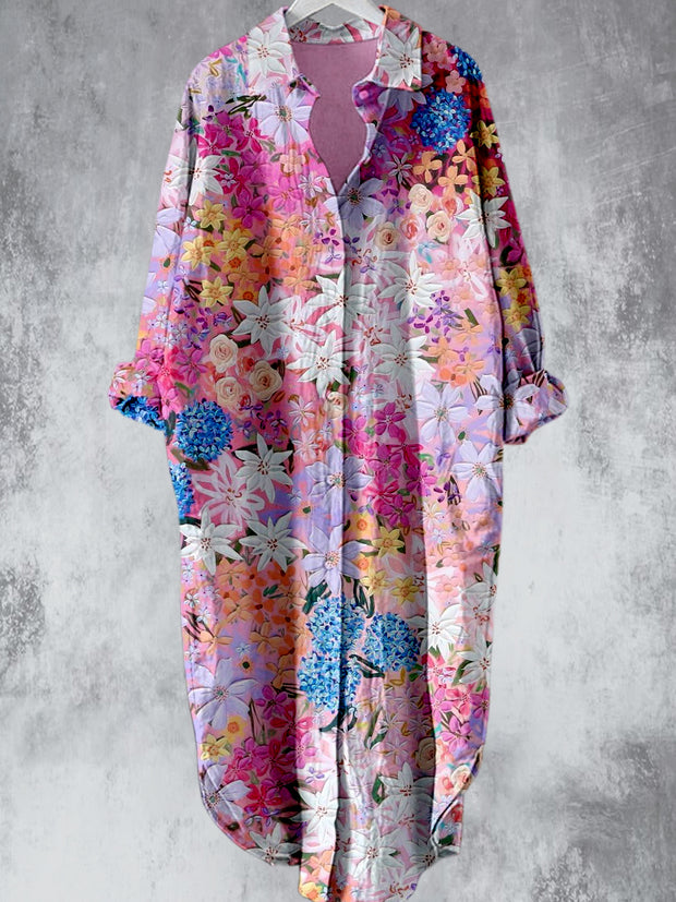 Elegant Oil Painting Flowers Printed V-Neck Lapel Button Loose Vintage Midi Shirt Dress