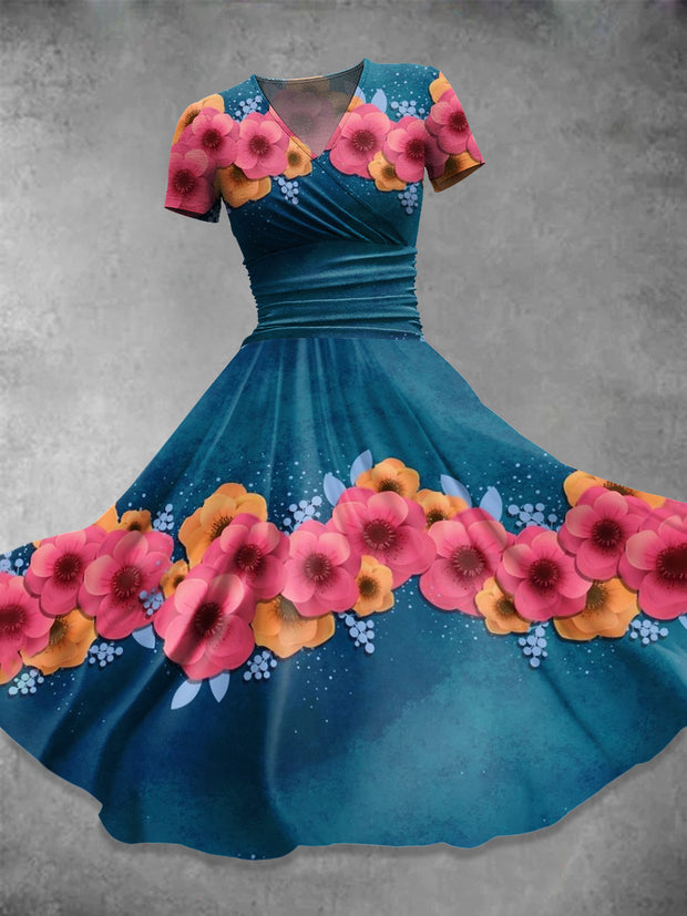 Retro Flower Print V-Neck Short Sleeve Midi Dress
