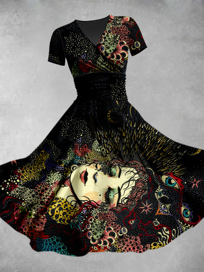Girl Portrait Art Print V-Neck Vintage Short Sleeve Midi Dress