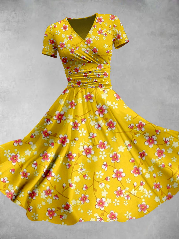 Retro Yellow Flower Print V-Neck Short Sleeve Midi Dress