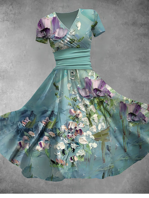 Women's Retro V-Neck Floral Art Print Short Sleeve Casual Dress