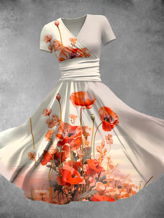Women's Retro V-Neck Poppy Art Print Short Sleeve Casual Dress