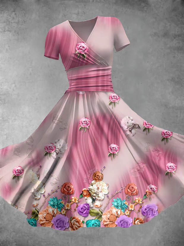 Women's Retro V-Neck Floral Art Print Short Sleeve Maxi Dress