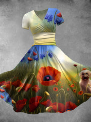 Women's Vintage V-Neck Poppy Puppy Art Print Short Sleeve Casual Dress