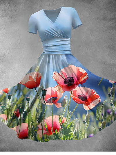 Women's Retro V-Neck Poppy Art Print Short Sleeve Maxi Dress