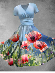 Women's Retro V-Neck Poppy Art Print Short Sleeve Maxi Dress