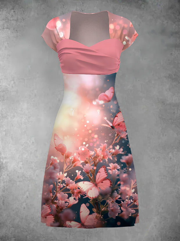 Women's Elegant Butterfly Floral Art Print Short Sleeve Casual Retro Midi Dress