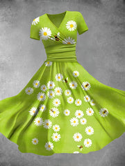 Green Floral Print V-Neck Short Sleeve Retro Midi Dress