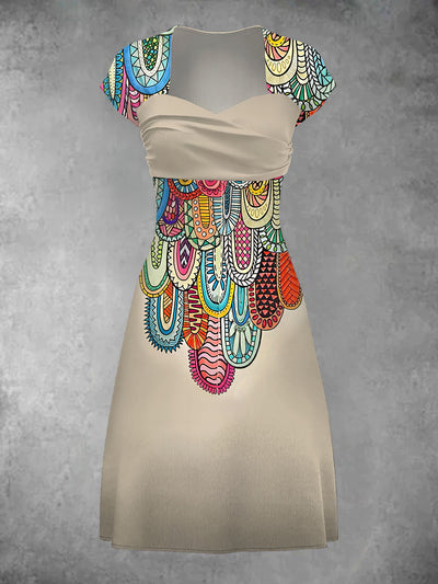 Women's Elegant Vintage Art Pattern Short Sleeve Casual Midi Dress