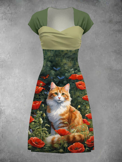 Poppy and Kitten Art Print Vintage Elegant Short Sleeve Midi Dress