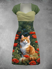 Poppy and Kitten Art Print Vintage Elegant Short Sleeve Midi Dress