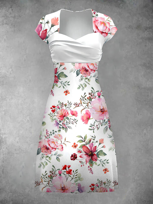 Women's Elegant Floral Art Print Short Sleeve Vintage Midi Dress