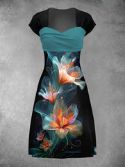 Retro Floral Art Print Short Sleeve Midi Dress