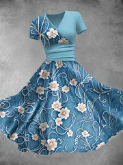 Women's Elegant Floral Art Print V-Neck Short Sleeve Casual Vintage Dress