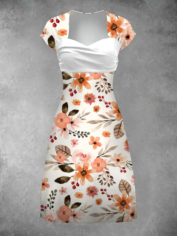 Floral Art Print Short Sleeve Retro Elegant Midi Dress