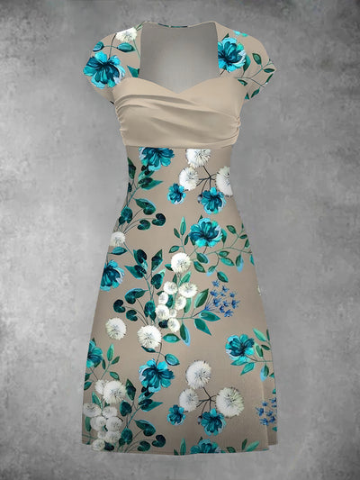Retro Floral Art Print Short Sleeve Elegant Midi Dress