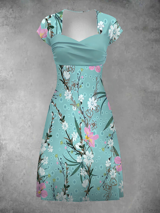 Women's Elegant Floral Art Print Short Sleeve Casual Vintage Midi Dress