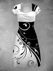 Floral Art Print Short Sleeve Retro Midi Dress