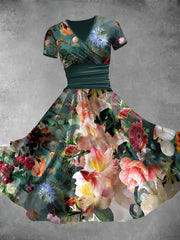 Vintage Floral Art Print V-Neck Short Sleeve Elegant Midi Dress
