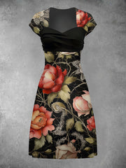 Retro Poppy Floral Art Print Short Sleeve Midi Dress
