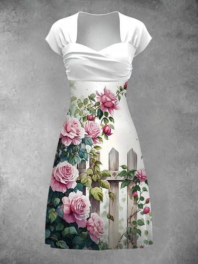 Women's Elegant Floral Art Pattern Short Sleeve Casual Vintage Midi Dress
