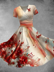 Floral Art Print V-Neck Short Sleeve Vintage Midi Dress