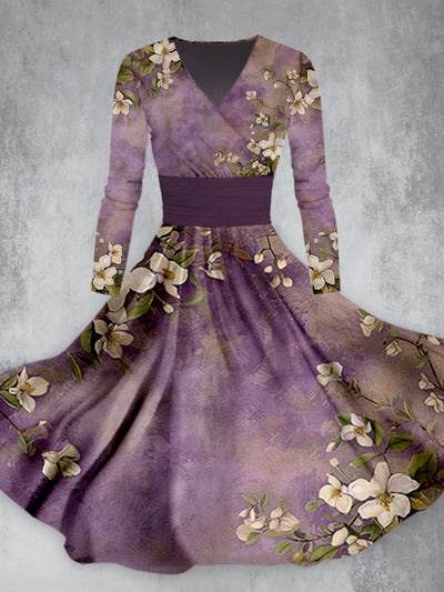 Elegant Purple Flower Print V-Neck Vintage Long Sleeve Midi Dress