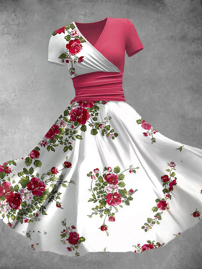 Floral Art Print V-Neck Short Sleeve Retro Midi Dress