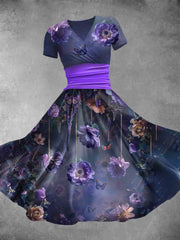 Women's Retro Purple Floral Butterfly Art Print Short Sleeve Midi Dress