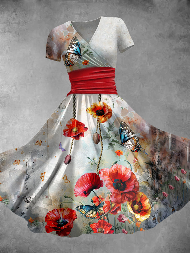 Women's Vintage Poppy Butterfly Art Print Short Sleeve Casual Dress