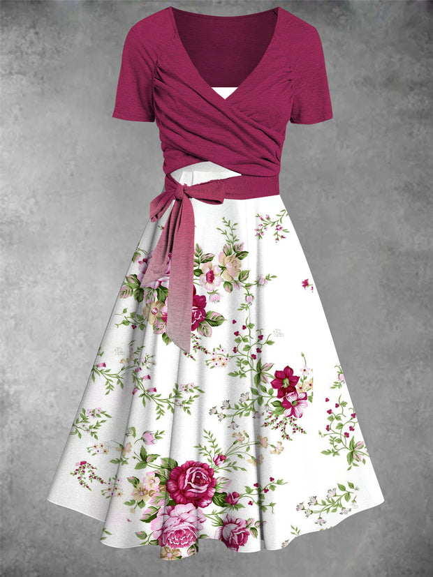 Women's Retro V-Neck Floral Art Print Short Sleeve Casual Dress
