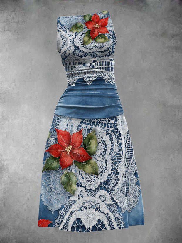 Women's Vintage Lace Floral Art Print Sleeveless Casual Dress