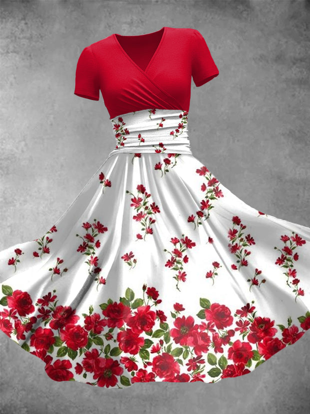 Red Floral Art Print V-Neck Short Sleeve Vintage Midi Dress